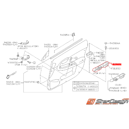 Garniture de bouton lève vitre avant gauche pour conduite a gauche WRX/STI 01-02