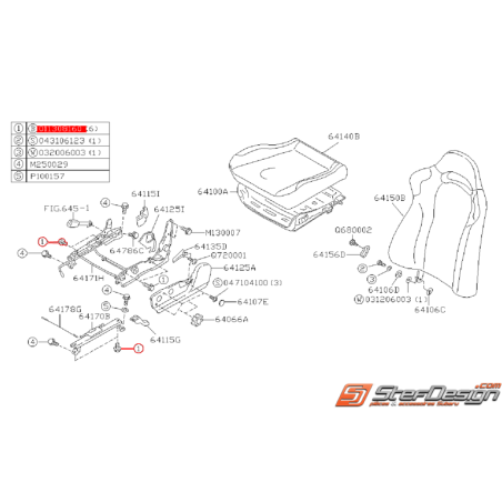 Vis de fixation de rail siège conducteur SUBARU GT 99-00