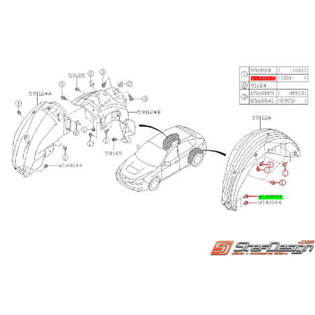 Kit de montage de pare boue arrière gauche SUBARU IMPREZA WRX 08-10