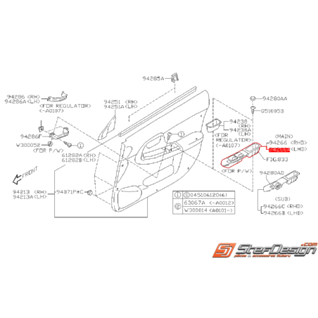 Garniture de bouton de lèvre vitre côté gauche conducteur SUBARU WRX/STI 03-04